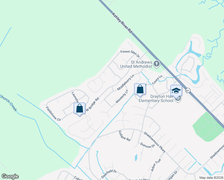 map of restaurants, bars, coffee shops, grocery stores, and more near 3298 Middleburry Lane in Charleston