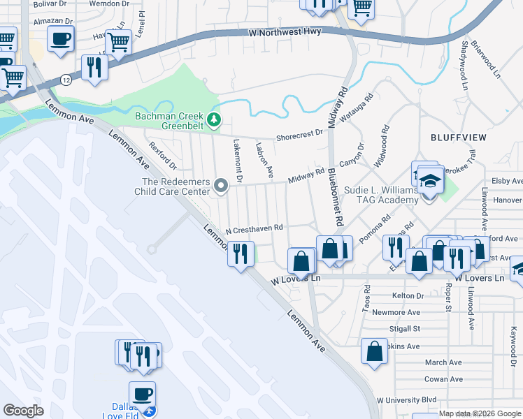 map of restaurants, bars, coffee shops, grocery stores, and more near 8419 Ridgelea Street in Dallas