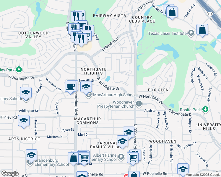 map of restaurants, bars, coffee shops, grocery stores, and more near 608 West Northgate Drive in Irving