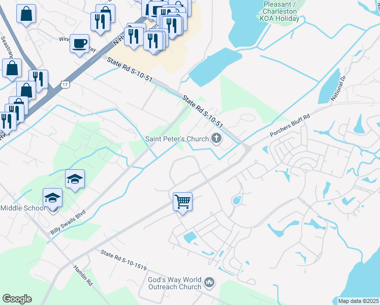 map of restaurants, bars, coffee shops, grocery stores, and more near 1426 Hamlin Park Circle in Mount Pleasant