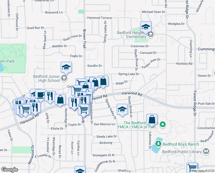 map of restaurants, bars, coffee shops, grocery stores, and more near 3020 Spring Valley Drive in Bedford
