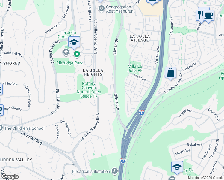 map of restaurants, bars, coffee shops, grocery stores, and more near 8262 Gilman Drive in San Diego