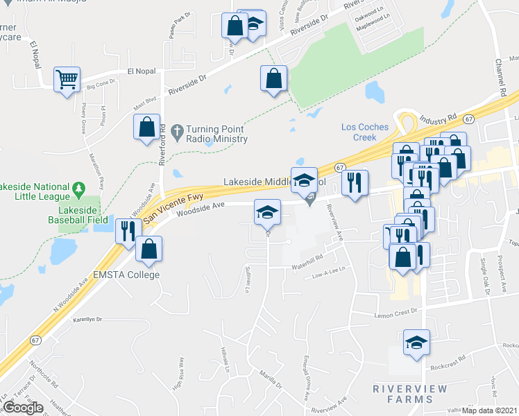 map of restaurants, bars, coffee shops, grocery stores, and more near 11665 Woodside Avenue in Lakeside