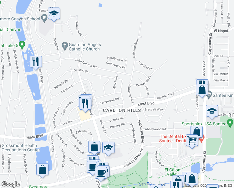 map of restaurants, bars, coffee shops, grocery stores, and more near 9477 Pennywood Road in Santee