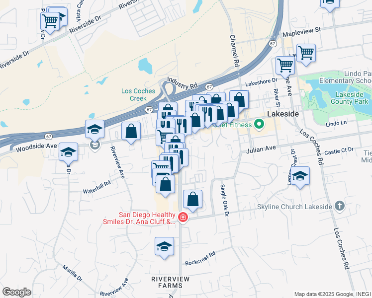 map of restaurants, bars, coffee shops, grocery stores, and more near 9737 Winter Gardens Boulevard in Lakeside