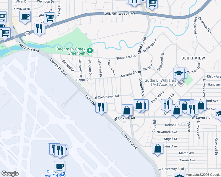 map of restaurants, bars, coffee shops, grocery stores, and more near 8427 Ridgelea Street in Dallas