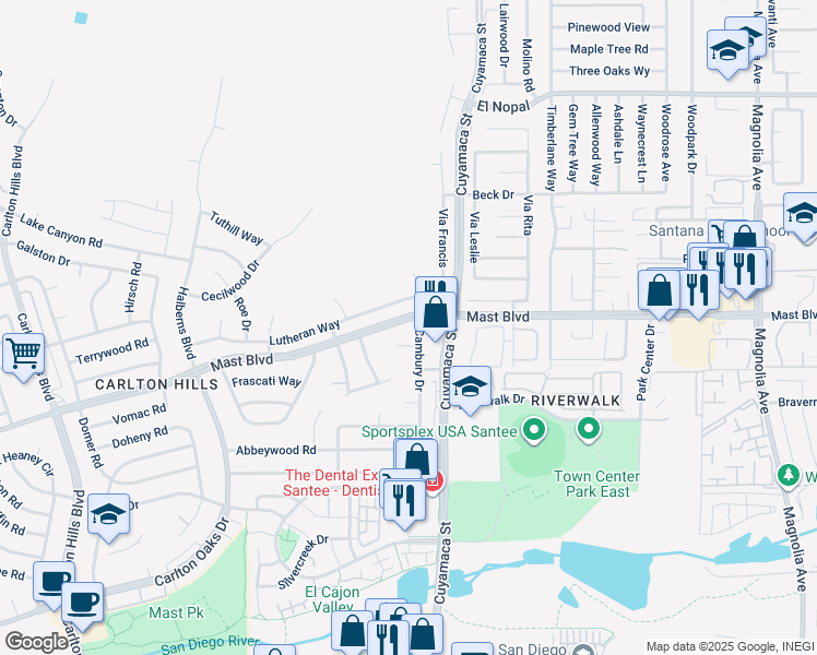 map of restaurants, bars, coffee shops, grocery stores, and more near 9793 Mast Boulevard in Santee