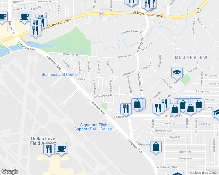 map of restaurants, bars, coffee shops, grocery stores, and more near 8427 Ridgelea Street in Dallas
