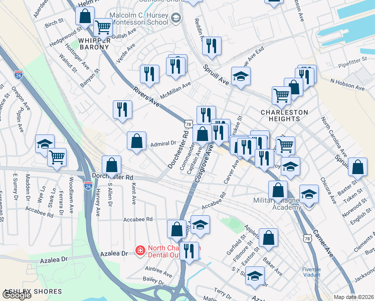 map of restaurants, bars, coffee shops, grocery stores, and more near 2117 Commander Road in North Charleston