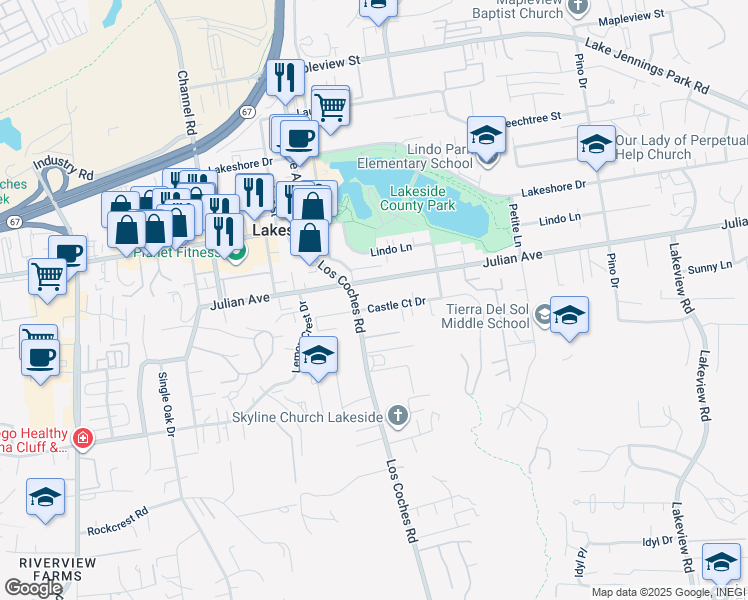 map of restaurants, bars, coffee shops, grocery stores, and more near 12624 Castle Court Drive in Lakeside