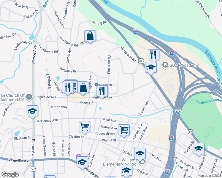 map of restaurants, bars, coffee shops, grocery stores, and more near 2155 Wildwood Drive in Macon