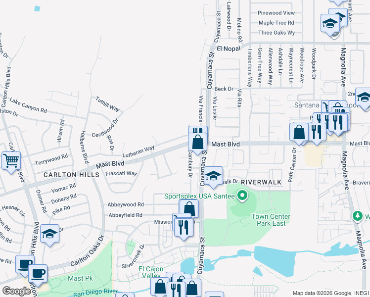 map of restaurants, bars, coffee shops, grocery stores, and more near 9793 Mast Boulevard in Santee