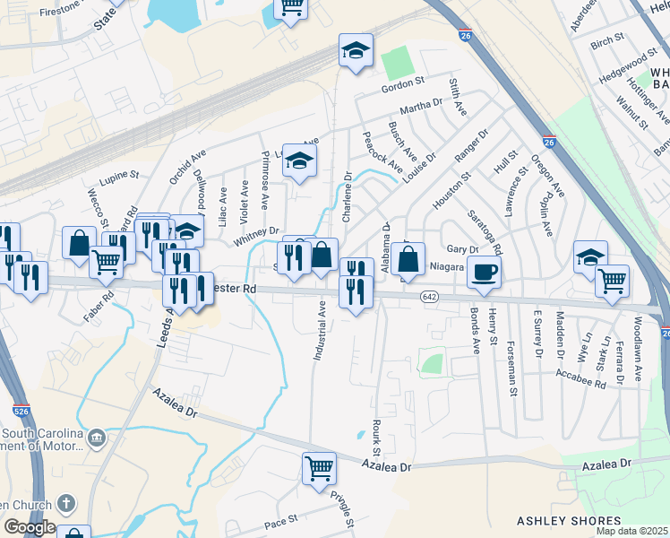 map of restaurants, bars, coffee shops, grocery stores, and more near 2633 Veneer Avenue in North Charleston