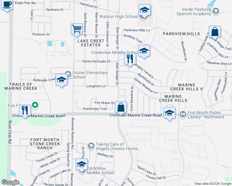 map of restaurants, bars, coffee shops, grocery stores, and more near 6001 Longhorn Lane in Fort Worth