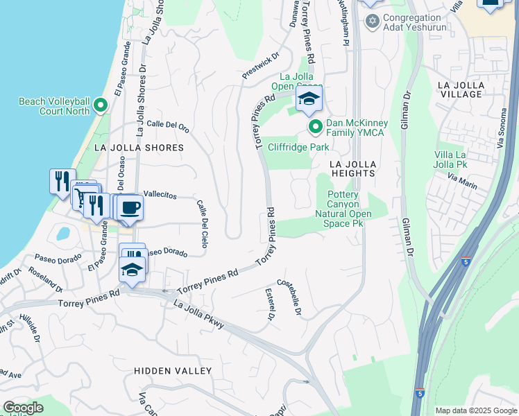 map of restaurants, bars, coffee shops, grocery stores, and more near 2888 Torrey Pines Road in San Diego