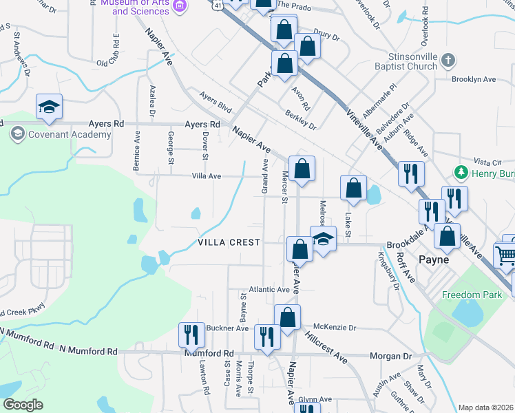map of restaurants, bars, coffee shops, grocery stores, and more near 3880 Grand Avenue in Macon