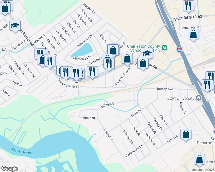 map of restaurants, bars, coffee shops, grocery stores, and more near 4539 West Montague Avenue in North Charleston