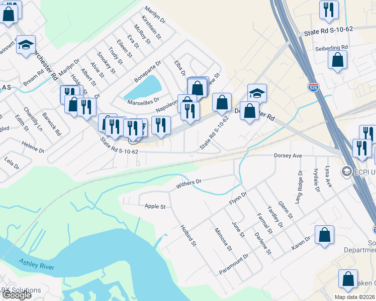 map of restaurants, bars, coffee shops, grocery stores, and more near 4539 West Montague Avenue in North Charleston