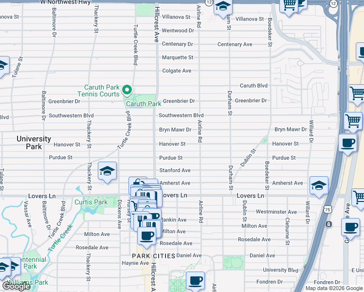 map of restaurants, bars, coffee shops, grocery stores, and more near 3237 Hanover Street in Dallas