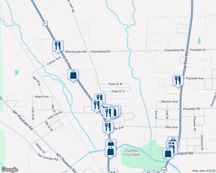 map of restaurants, bars, coffee shops, grocery stores, and more near 132 Park Drive North in Clanton