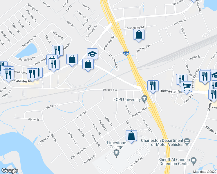 map of restaurants, bars, coffee shops, grocery stores, and more near 4018 Dorsey Avenue in North Charleston