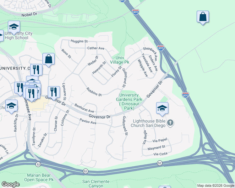 map of restaurants, bars, coffee shops, grocery stores, and more near 6699 Gullstrand Street in San Diego