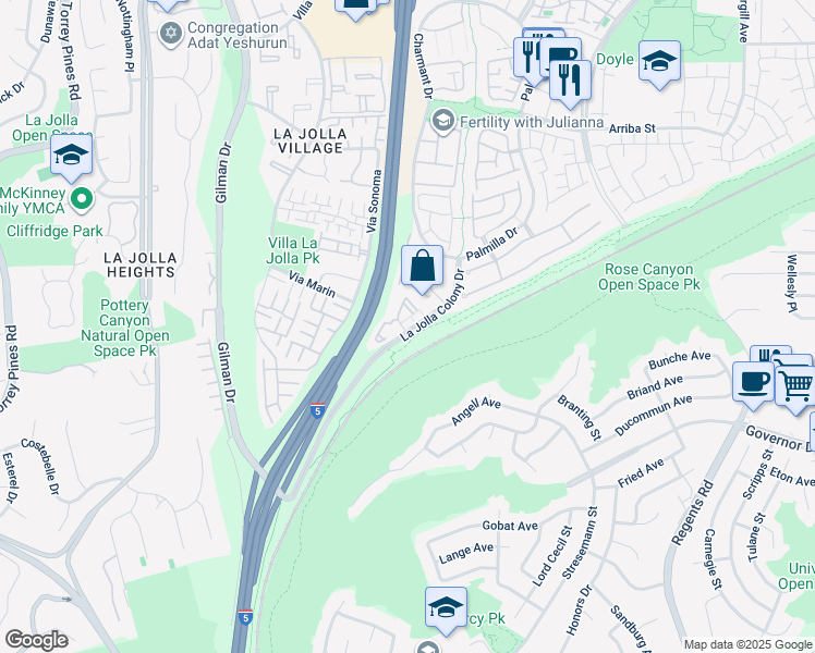 map of restaurants, bars, coffee shops, grocery stores, and more near 4080 Rosenda Court in San Diego