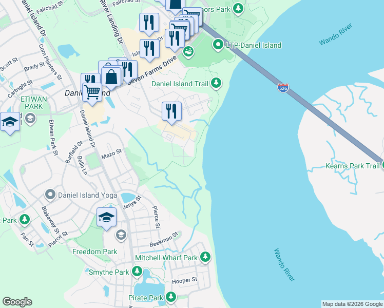 map of restaurants, bars, coffee shops, grocery stores, and more near 301 Longshore Street in Charleston