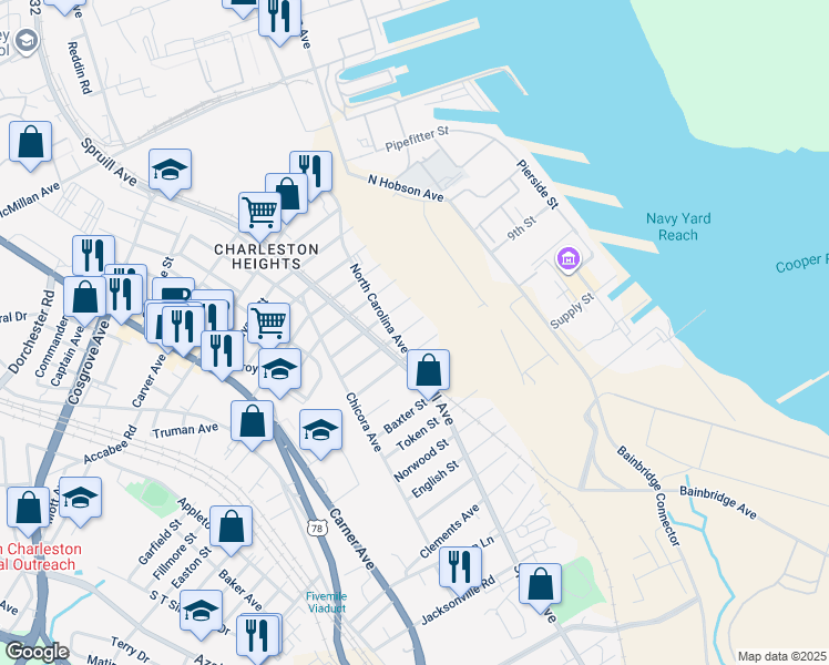 map of restaurants, bars, coffee shops, grocery stores, and more near 1816 Iris Street in North Charleston