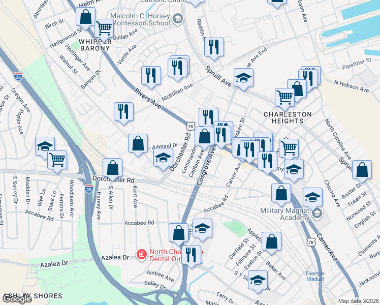 map of restaurants, bars, coffee shops, grocery stores, and more near 2117 Commander Road in North Charleston