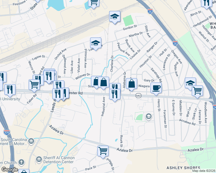 map of restaurants, bars, coffee shops, grocery stores, and more near 2633 Veneer Avenue in North Charleston