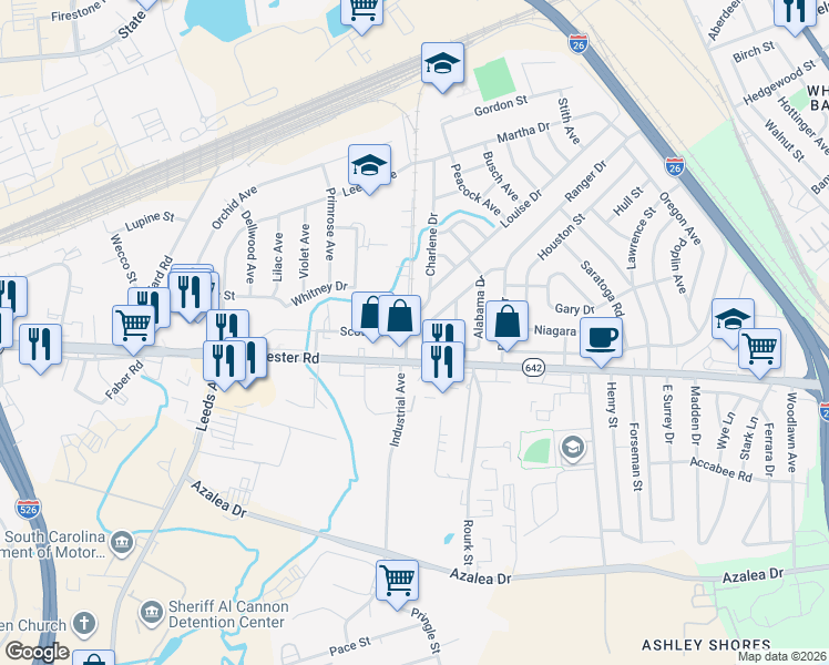 map of restaurants, bars, coffee shops, grocery stores, and more near 2633 Veneer Avenue in North Charleston