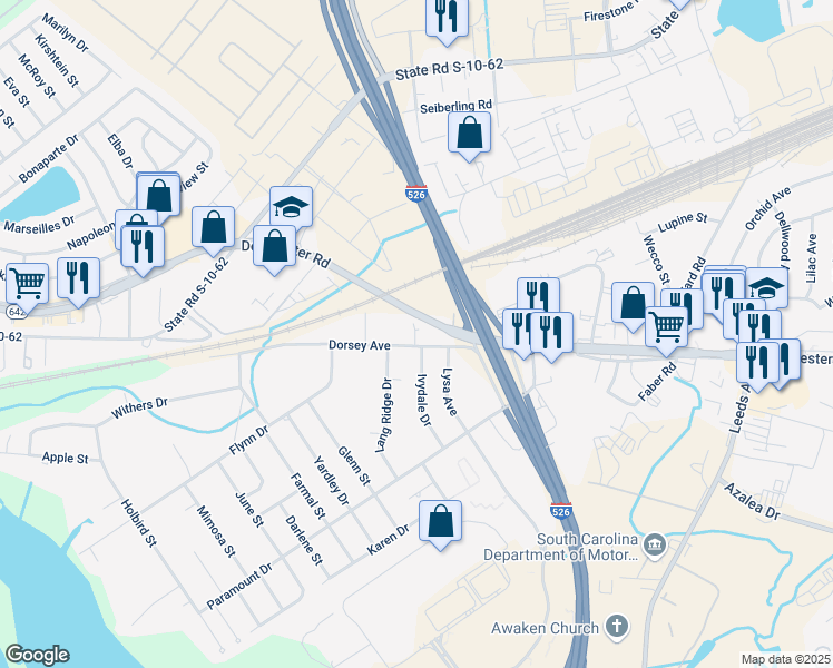 map of restaurants, bars, coffee shops, grocery stores, and more near 3854 Dorsey Avenue in North Charleston