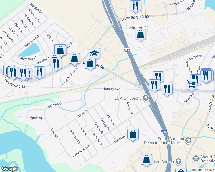 map of restaurants, bars, coffee shops, grocery stores, and more near 4018 Dorsey Avenue in North Charleston