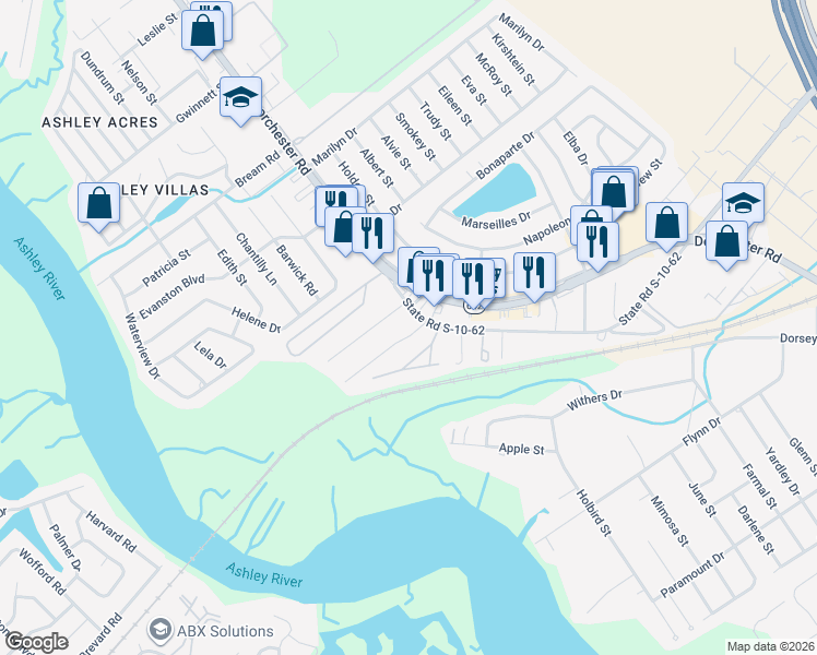 map of restaurants, bars, coffee shops, grocery stores, and more near 4611 Watkins Road in North Charleston