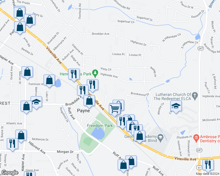 map of restaurants, bars, coffee shops, grocery stores, and more near 213 Riley Avenue in Macon