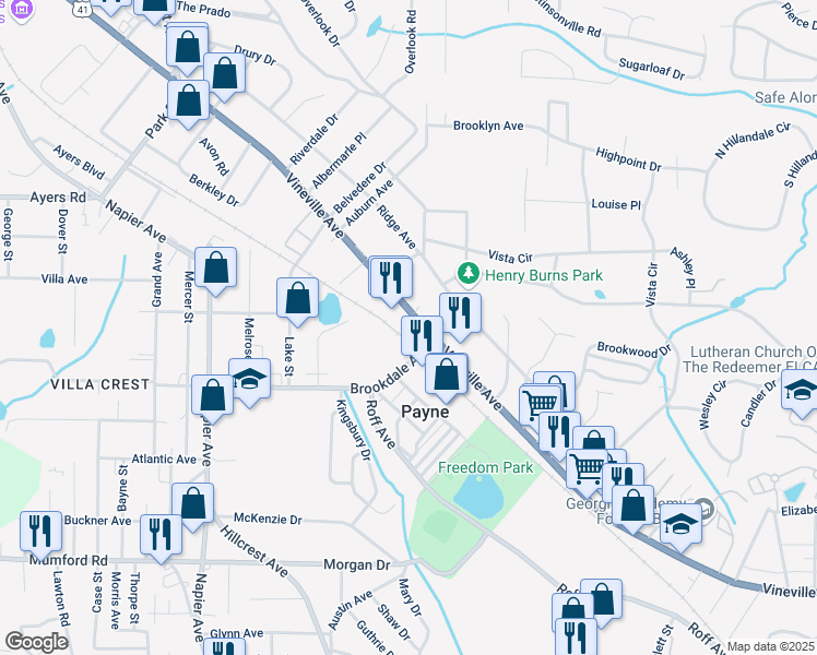 map of restaurants, bars, coffee shops, grocery stores, and more near 3324 Vineville Avenue in Macon