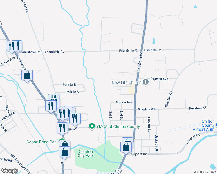 map of restaurants, bars, coffee shops, grocery stores, and more near 399 Medical Center Drive in Clanton