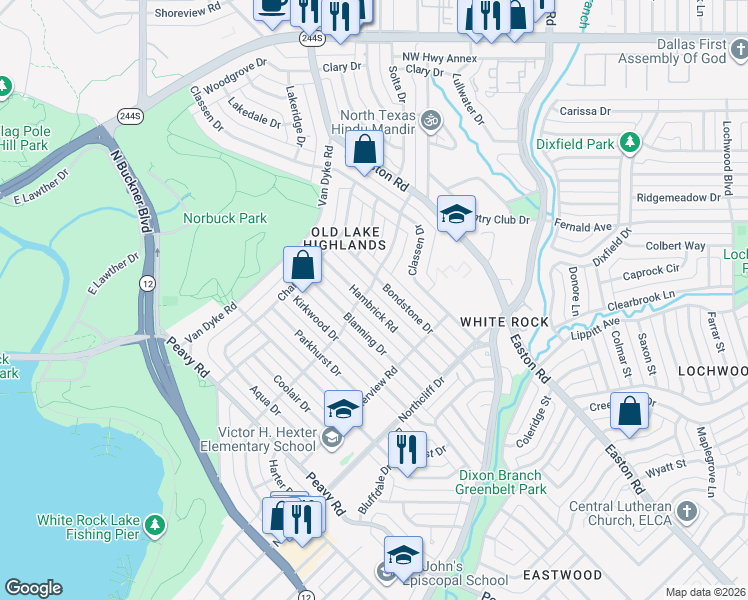 map of restaurants, bars, coffee shops, grocery stores, and more near 518 Hambrick Road in Dallas