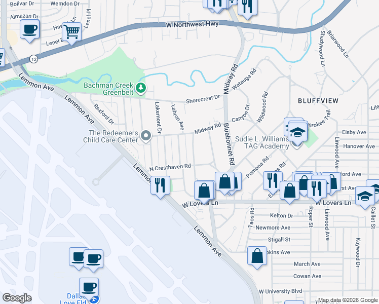 map of restaurants, bars, coffee shops, grocery stores, and more near 8417 Midway Road in Dallas