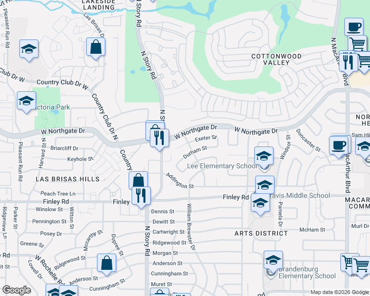 map of restaurants, bars, coffee shops, grocery stores, and more near 2014 Exeter Street in Irving