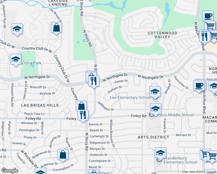 map of restaurants, bars, coffee shops, grocery stores, and more near 2014 Exeter Street in Irving
