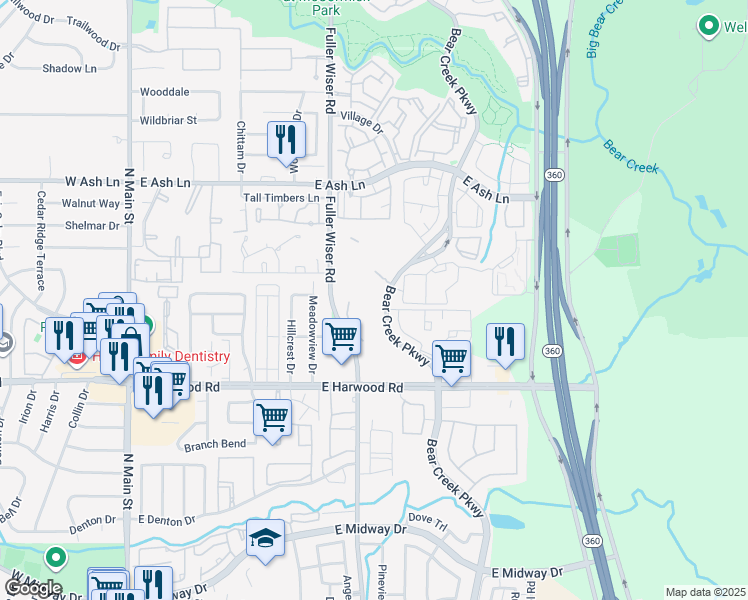 map of restaurants, bars, coffee shops, grocery stores, and more near 9 Bear Creek Parkway in Euless