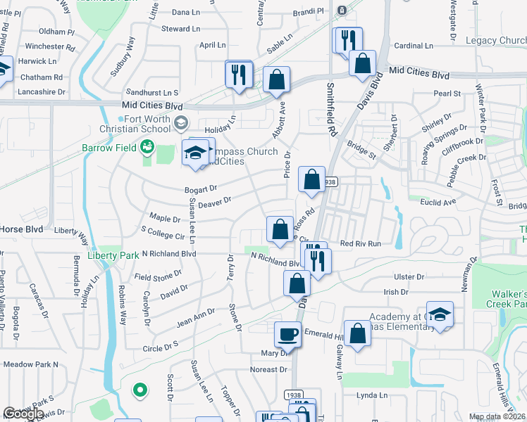 map of restaurants, bars, coffee shops, grocery stores, and more near 7704 North College Circle in North Richland Hills