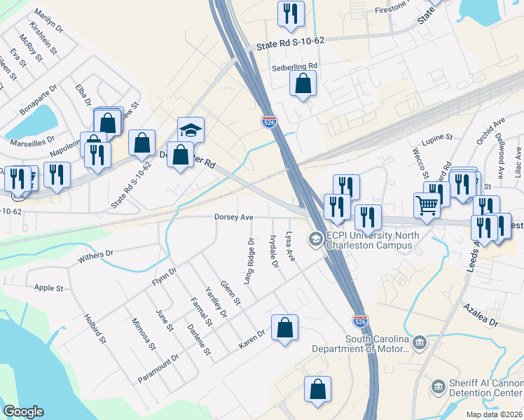 map of restaurants, bars, coffee shops, grocery stores, and more near 3918 Dorsey Avenue in North Charleston