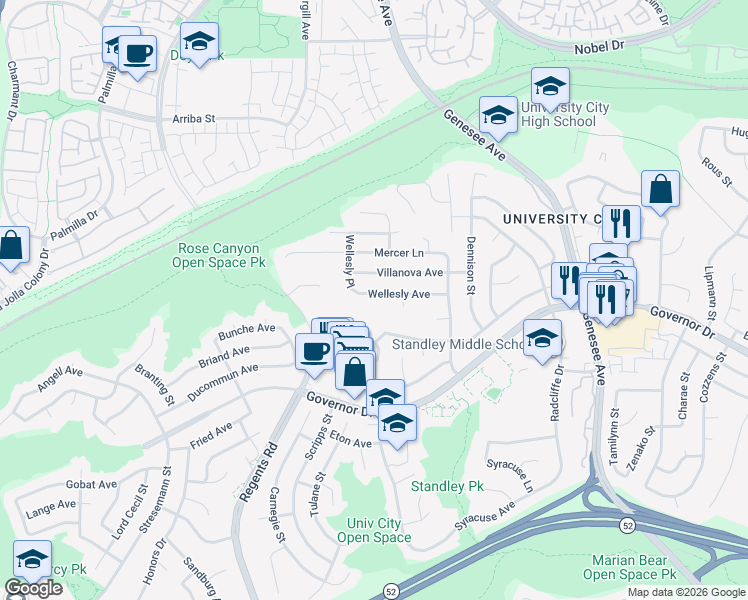 map of restaurants, bars, coffee shops, grocery stores, and more near 3269 Wellesly Avenue in San Diego
