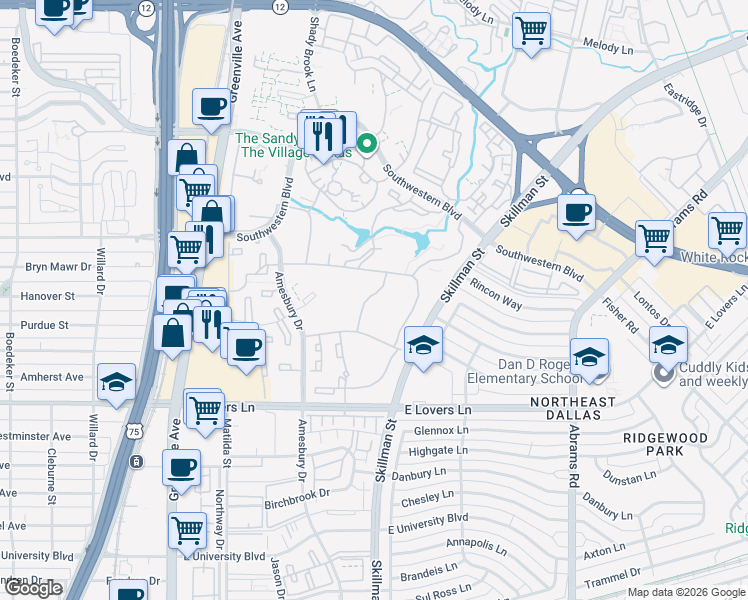 map of restaurants, bars, coffee shops, grocery stores, and more near 6061 Village Bend Drive in Dallas