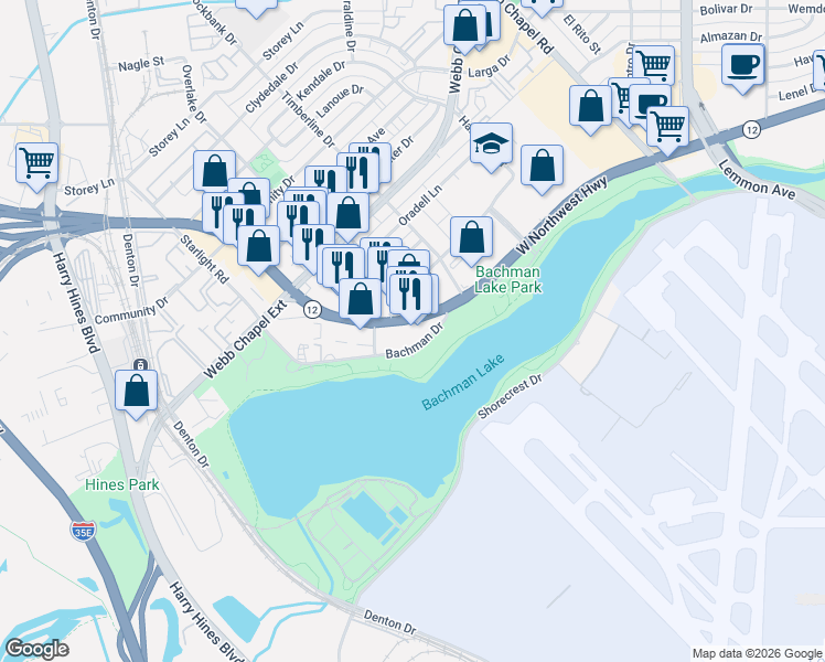 map of restaurants, bars, coffee shops, grocery stores, and more near 3130 West Northwest Highway in Dallas