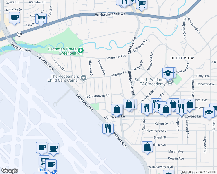 map of restaurants, bars, coffee shops, grocery stores, and more near 8417 Midway Road in Dallas