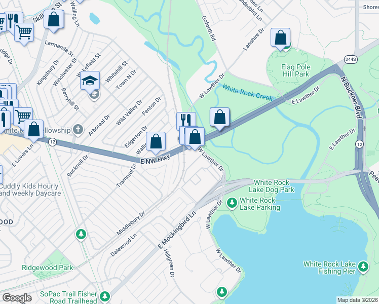 map of restaurants, bars, coffee shops, grocery stores, and more near 7512 East Northwest Highway in Dallas